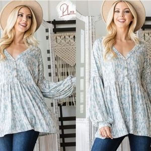 Blue and White Oversize Long Sleeve Babydoll Button Down Top Large